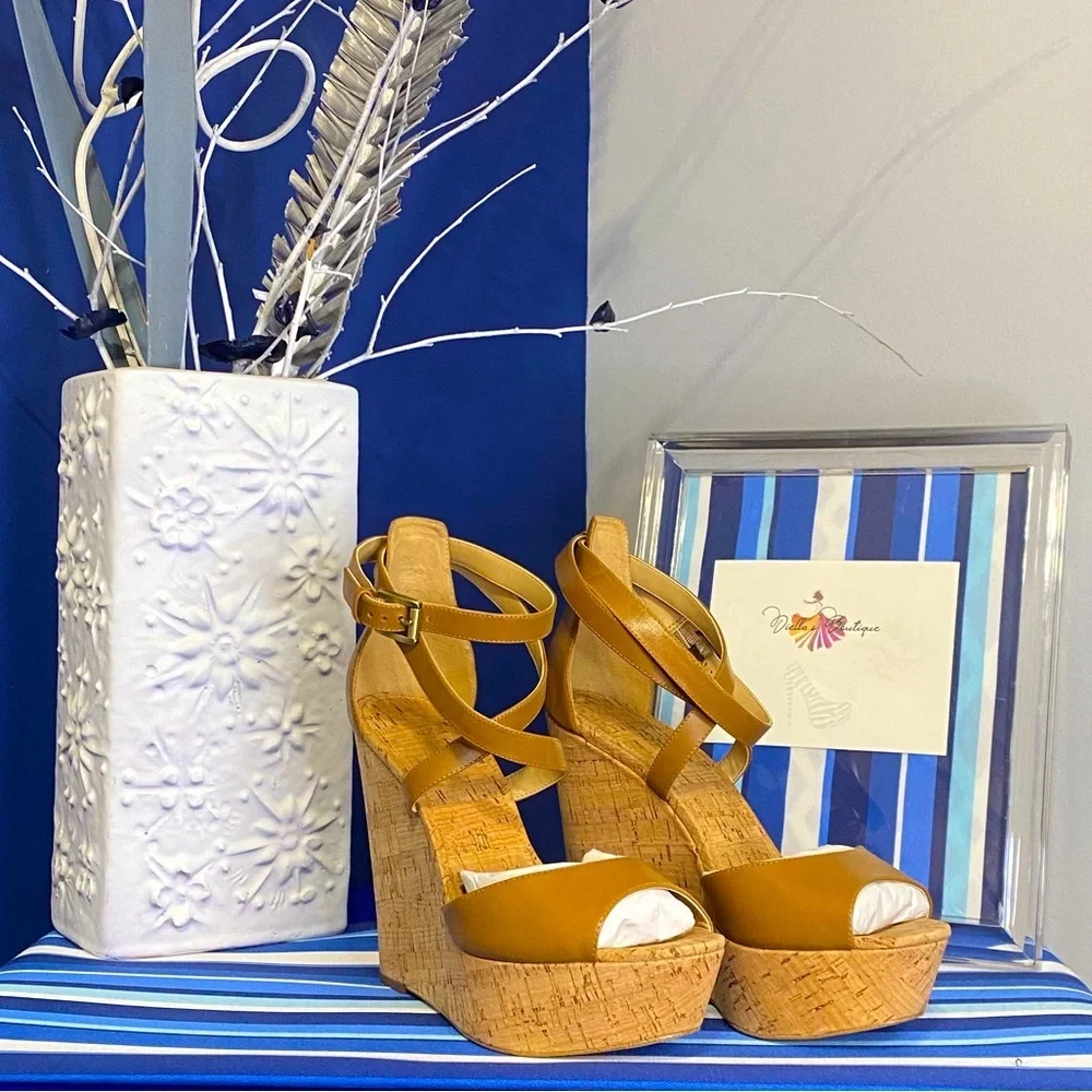 Michael Kors brown cork platform wedge strappy ankle high heel sandals Sz 10 - Picture 5 of 15